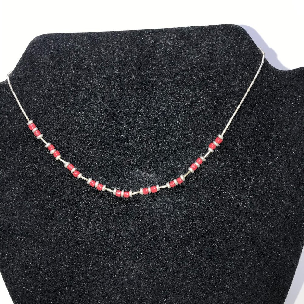 15" Shiny Orange Red and Silver Beaded Necklace
